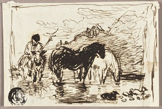 Sketch of Watering Horses, c.1847. Creator: John Burnet.