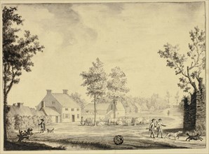 Hunters and Herd of Cattle Outside Country Estate, 18th century. Creator: Ralph Bullock.