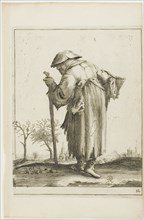 Marching Beggar Woman with a Basket, from T is al verwart-gaern (It's already..., 1634/38. Creator: Pieter Jansz. Quast.