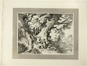 Old Trees with Old Man, a Girl, and a Dog, from the first issue of Specimens of..., 1802. Creator: Richard Corbould.