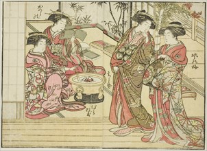 Courtesans of Otawaraya, from the book "Mirror of Beautiful Women of the Pleasure Quarters..., 1776. Creator: Shunsho.