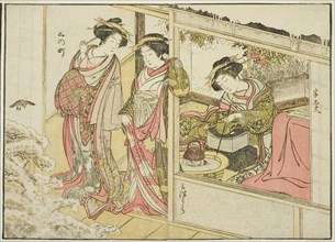 Courtesans of the Nakaomiya, from the book "Mirror of Beautiful Women of the Pleasure..., 1776. Creator: Shunsho.