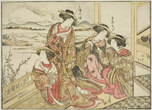 Courtesans of the Obishiya, from the book "Mirror of Beautiful Women of the Pleasure..., 1776. Creator: Shunsho.