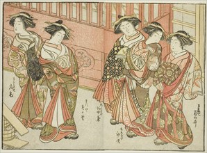 Five Courtesans of Various Houses, from the book "Mirror of Beautiful Women of the Pleasure..., 1776 Creator: Shunsho.