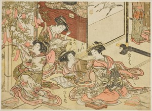 Courtesans of the Shin Kanaya, from the series "Mirror of Beautiful Women of the Pleasure..., 1776. Creator: Shunsho.