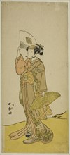 The Actor Nakamura Matsue I as Kasaya Sankatsu (?) in the Play Hana no Gosho..., c. 1772. Creator: Shunsho.