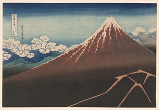 Shower Below the Summit (Sanka hakuu), from the series "Thirty-Six Views of Mount Fuji..., c1830/33. Creator: Hokusai.