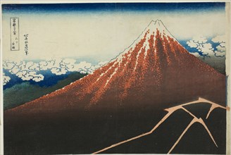 Shower Below the Summit (Sanka hakuu), from the series "Thirty-Six Views of Mount Fuji...c1830/33. Creator: Hokusai.