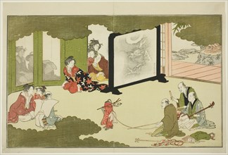 Performance of a Trained Monkey, from an illustrated poetry anthology entitled "The Young..., 1789. Creator: Kitagawa Utamaro.