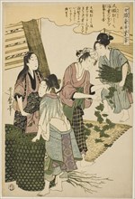 No. 5 (go), from the series "Women Engaged in the Sericulture Industry (Joshoku kaiko...c.1798/1800. Creator: Kitagawa Utamaro.