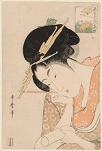 Hanaogi of the Ogiya, from the series "Renowned Beauties Likened to the Six Immortal..., c. 1795/96. Creator: Kitagawa Utamaro.
