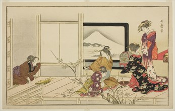 Preparing Food for a Nightingale, from the illustrated kyoka anthology "Men's Stamping..., 1798. Creator: Kitagawa Utamaro.