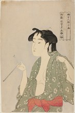 Woman Exhaling Smoke from a Pipe, from the series "Ten Classes of Women’s..., Japan, c. 1792/93. Creator: Kitagawa Utamaro.