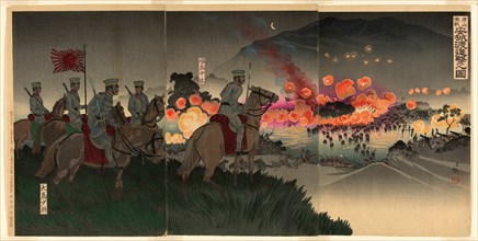 Advancing across the Ansong River at the Battle of Asan (Gazan gekisen Anjo no..., Japan, 1894. Creator: Kobayashi Kiyochika.