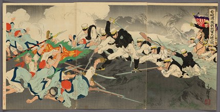 Great Victory of Our Troops at the Fierce Battle of the Ansong Ford (Anjo no watashi..., 1894/95. Creator: Migita Toshihide.