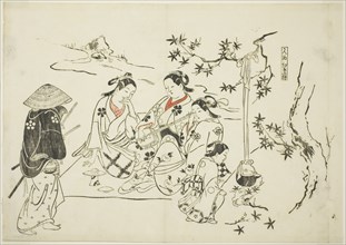 Heating Sake with Maple Leaves (Kanzake momijigari), no. 9 from a series of 12 prints..., c.1716/35. Creator: Okumura Masanobu.