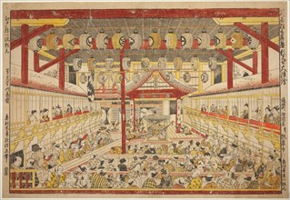 Large Perspective Picture of the Kaomise Performance on the Kabuki Stage (Shibai...c. 1745. Creator: Okumura Masanobu.