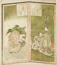 Seiobo (Queen Mother of the West) and tortoise, from an untitled hexaptych depicting a...c. 1825. Creator: Shinsai.