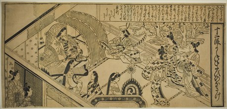 Yoshitsune's Encouter with Princess Joruri, from "The Tale of Joruri in Twelve..., c. 1684/1704. Creator: Sugimura Jihei.