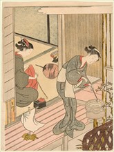 Returning Sails of the Towel Rack (Tenugui-kake no kihan), from the series "Eight Views..., c. 1766. Creator: Suzuki Harunobu.