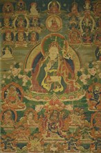 Painted Banner (Thangka) of Sage Guru Padmasambhava Seated Holding a..., 18th century. Creator: Unknown.
