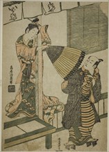 Beauty of Ibarakiya Pulling at a Man's Umbrella - a Parody of the Legend of Watanabe no..., c. 1759. Creator: Torii Kiyohiro.