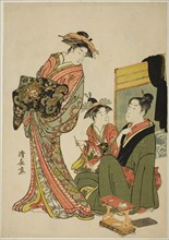 The Actor Nakamura Riko with a courtesan, from an untitled series of aiban prints..., c. 1781/82. Creator: Torii Kiyonaga.