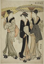 Under Umbrellas in a Shower, from the series "A Brocade of Eastern Manners (Fuzoku...", c1783/84. Creator: Torii Kiyonaga.