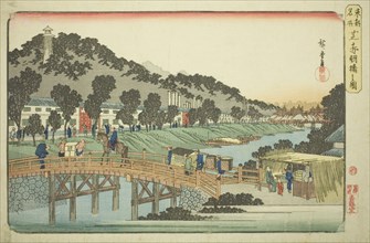 Akabane Bridge in Shiba (Shiba Akabanebashi no zu), from the series "Famous Places..., c. 1832/38. Creator: Ando Hiroshige.