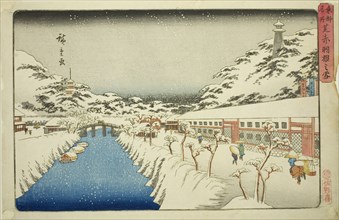 Snow at Akabane Bridge in Shiba (Shiba Akabane no yuki), from the series "Famous..., c. 1832/38. Creator: Ando Hiroshige.
