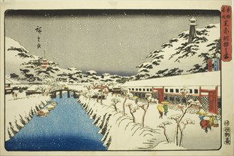 Snow at Akabane Bridge in Shiba (Shiba Akabane no yuki), from the series "Famous..., c. 1843/47. Creator: Ando Hiroshige.