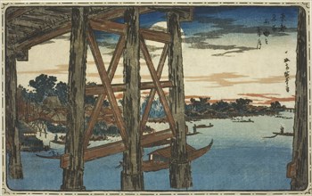 Twilight Moon at the Ryogoku Bridge (Ryogoku no yoizuki), from the series "Famous Views..., c. 1831. Creator: Ando Hiroshige.