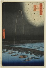 Fireworks at Ryogoku (Ryogoku hanabi), from the series "One Hundred Famous...", 1858. Creator: Ando Hiroshige.