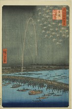 Fireworks at Ryogoku (Ryogoku hanabi), from the series "One Hundred Famous Views...", 1858. Creator: Ando Hiroshige.