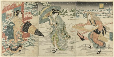 Parody of Liu Bei (J: Gentoku) Visiting Zhuge Liang (J: Komei) in Wind and Snow..., c. 1844. Creator: Utagawa Kunisada.