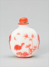 Snuff Bottle with a Cat and Two Butterflies near Bamboo, Rockwork, and Chrysanthemum...1800-1900. Creator: Unknown.