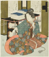 A Woman Pulling the Cord of a Wheeled Book Case, from the series "A Set of Seven...", c. 1825. Creator: Gakutei.