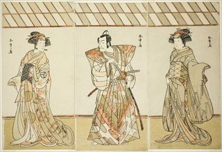 The Actors Onoe Tamizo I as Nishikigi (?) or Otae (?) (right), Ichikawa Danjuro V as..., c. 1778. Creator: Shunsho.