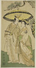 The Actors Arashi Hinaji I (right), and Ichikawa Komazo II (left), as Princess Sakura..., c. 1769. Creator: Shunsho.