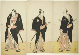 The Actors Ichikawa Danjuro V as Gokuin Sen'emon (right), Bando Mitsugoro I as An no He..., c. 1780. Creator: Shunsho.