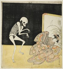 The actors Ichikawa Danjuro V as a skeleton, spirit of the renegade monk Seigen (left), an..., 1783. Creator: Shunsho.