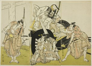 The Actors Nakajima Mihoemon II as Fujiwara no Shihei, Minister of the Left (center, in..., c. 1776. Creator: Shunsho.