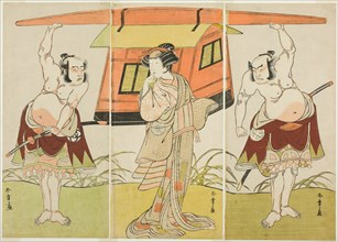 The Actors Otani Hiroji III as Yokambei (right), Nakamura Tomijuro I as Kuzunoha (ce,..., c. 1776. Creator: Shunsho.