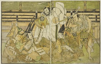 The Actors Nakamura Denkuro II as Seno-o Taro, Ichikawa Komazo II as Yorimasa, Nakamura..., c. 1772. Creator: Shunsho.