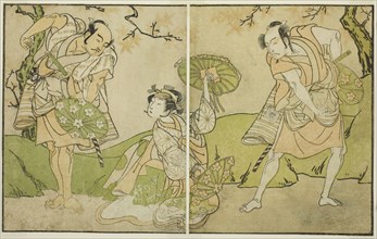 The Actors Ichikawa Somegoro (right), Segawa Kikunojo II (center), and Bando Sampachi..., c. 1772. Creator: Shunsho.