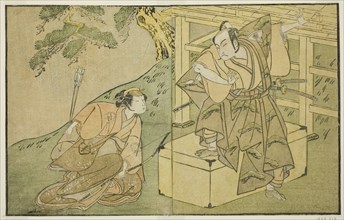 The Actors Onoe Matsusuke I as Akaboshi Taro (right), and Azuma Tozo II as Shirotae..., c. 1772. Creator: Shunsho.