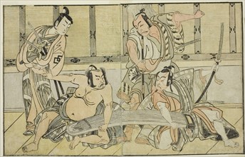 The Actors Ichikawa Yaozo II as Kujaku no Saburo, Matsumoto Koshiro II as Hata no Daize..., c. 1772. Creator: Shunsho.