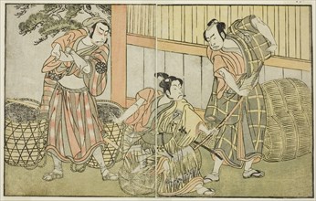 The Actors Kasaya Matakuro II as Hagun Taro (right), Ichikawa Monnosuke II as Izutsu no..., c. 1772. Creator: Shunsho.