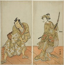 The Actors Segawa Kikunojo III as Aigo no Waka (right), and Ichikawa Yaozo II as Hachio..., c. 1774. Creator: Shunsho.