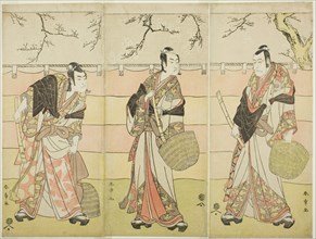Three Komuso Monks: The Actors Ichikawa Ebizo (Danjuro V) as Kudo Suketsune (right)..., c. 1792. Creator: Shunsho.